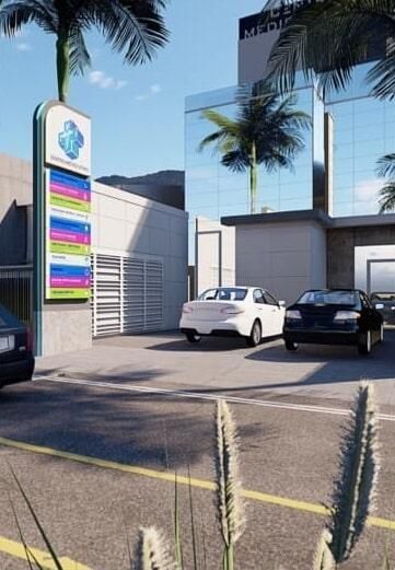 Los autos están estacionados frente a un edificio con palmeras.