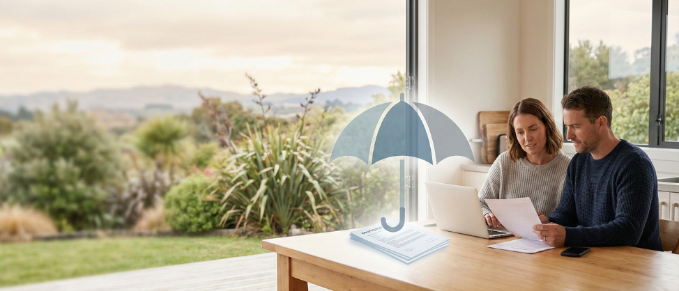 Couple reviewing documents, laptop on table with umbrella icon overlay. Interior setting with scenic background.