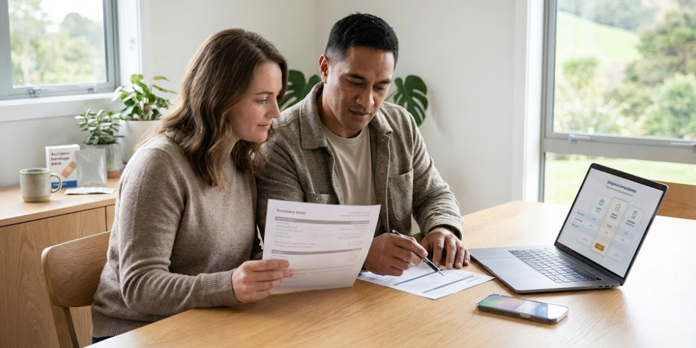 A couple reviewing documents and a laptop at a table. They are in a well-lit room with a view of greenery.