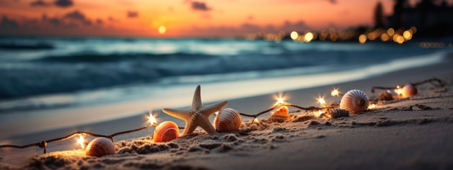 DormFIN Insurance Broker A starfish , seashells and 
christmas lights on the beach at sunset.