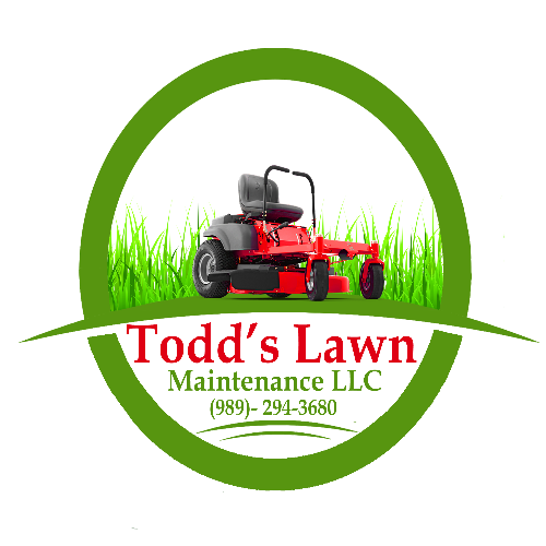 a logo for todd 's lawn maintenance llc with a red lawn mower in the grass .
