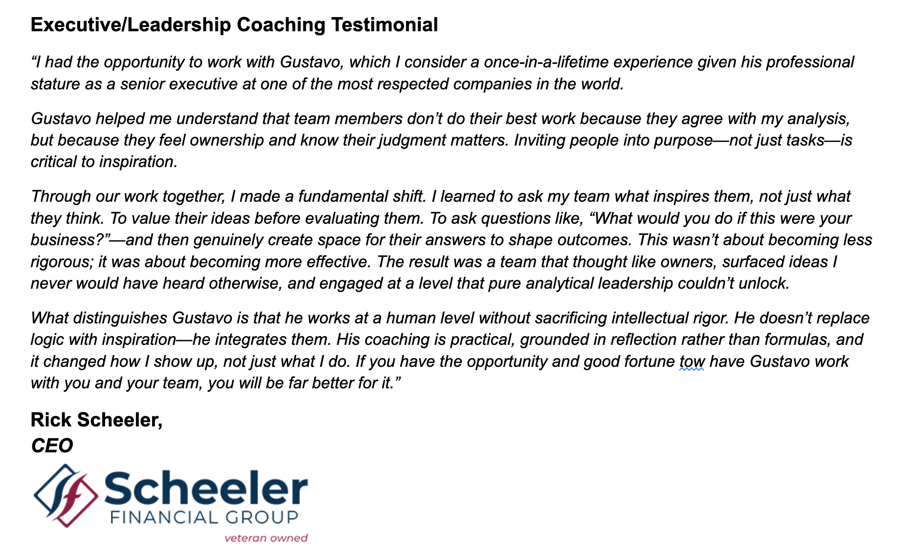 Executive coaching testimonial by CEO, includes Scheeler Financial Group logo.
