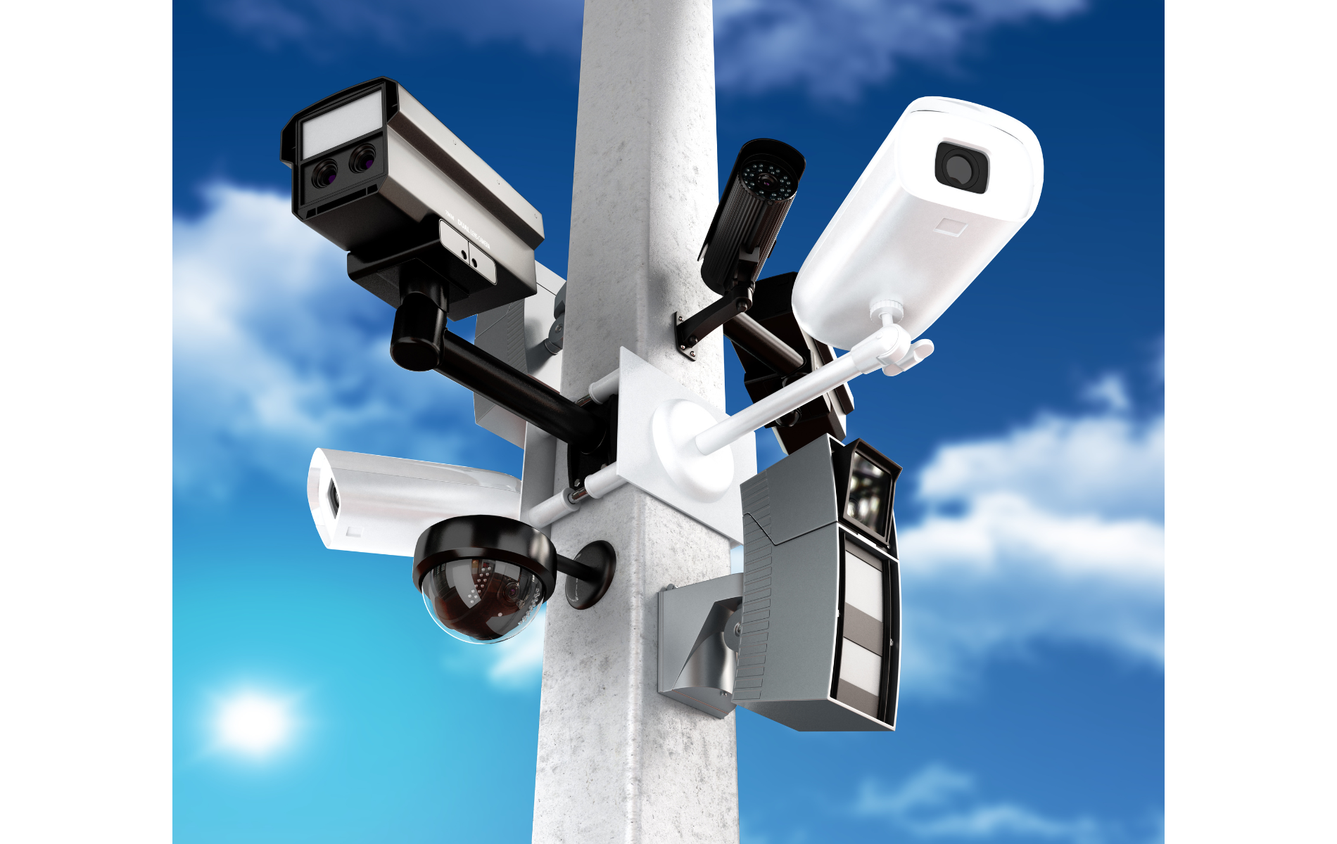 A bunch of security cameras are mounted to a pole