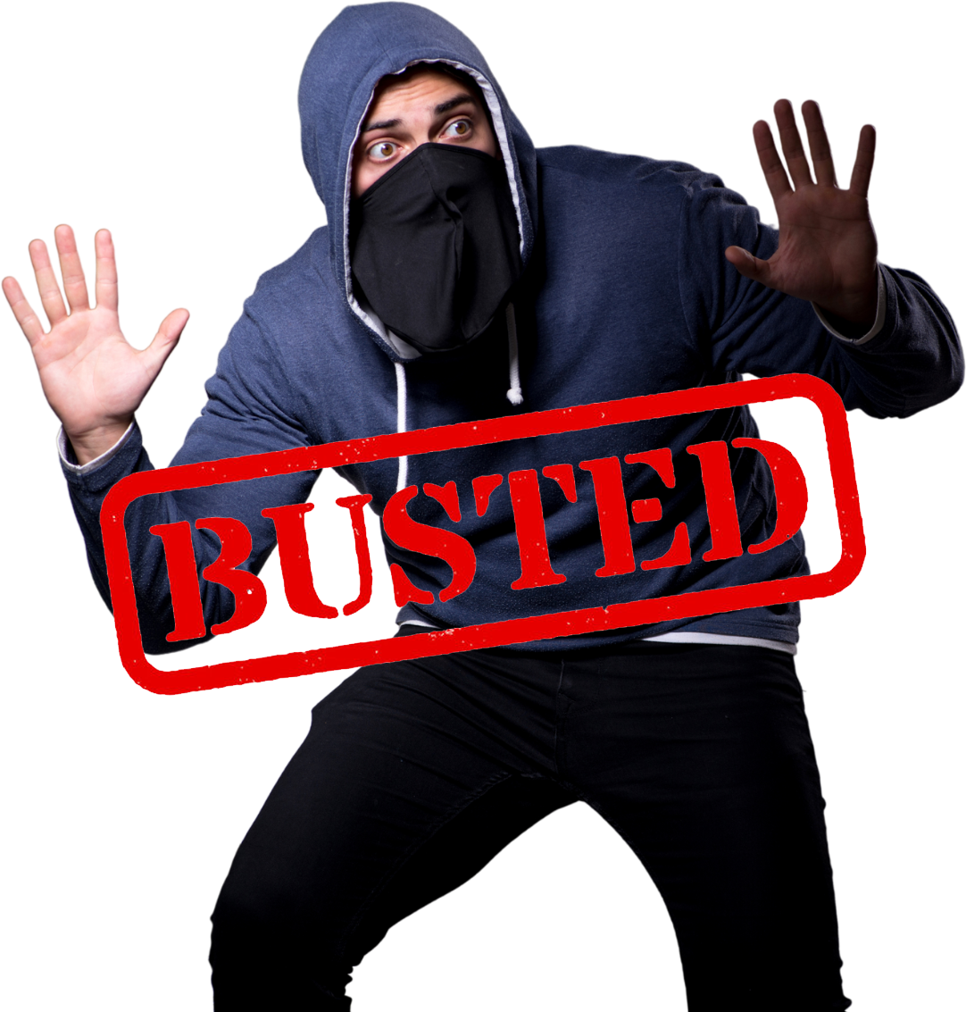 A man wearing a mask and a hoodie has a red stamp that says busted