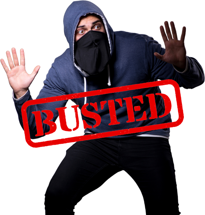 A man wearing a mask and a hoodie has a red stamp that says busted