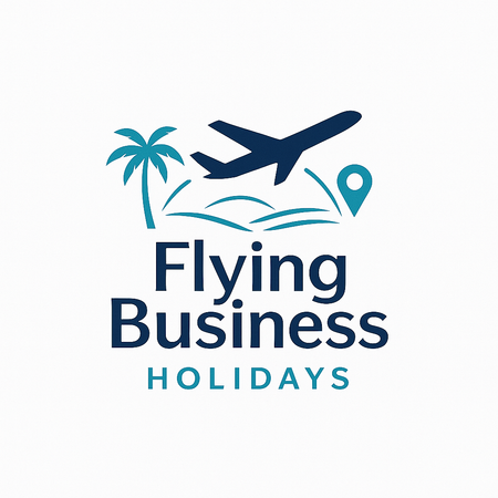 Logo with airplane, palm tree, and map pin over text 