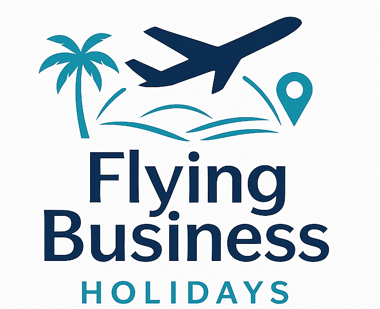 Logo for Flying Business Holidays: an airplane flying over waves and palm tree, with a location pin, and text 