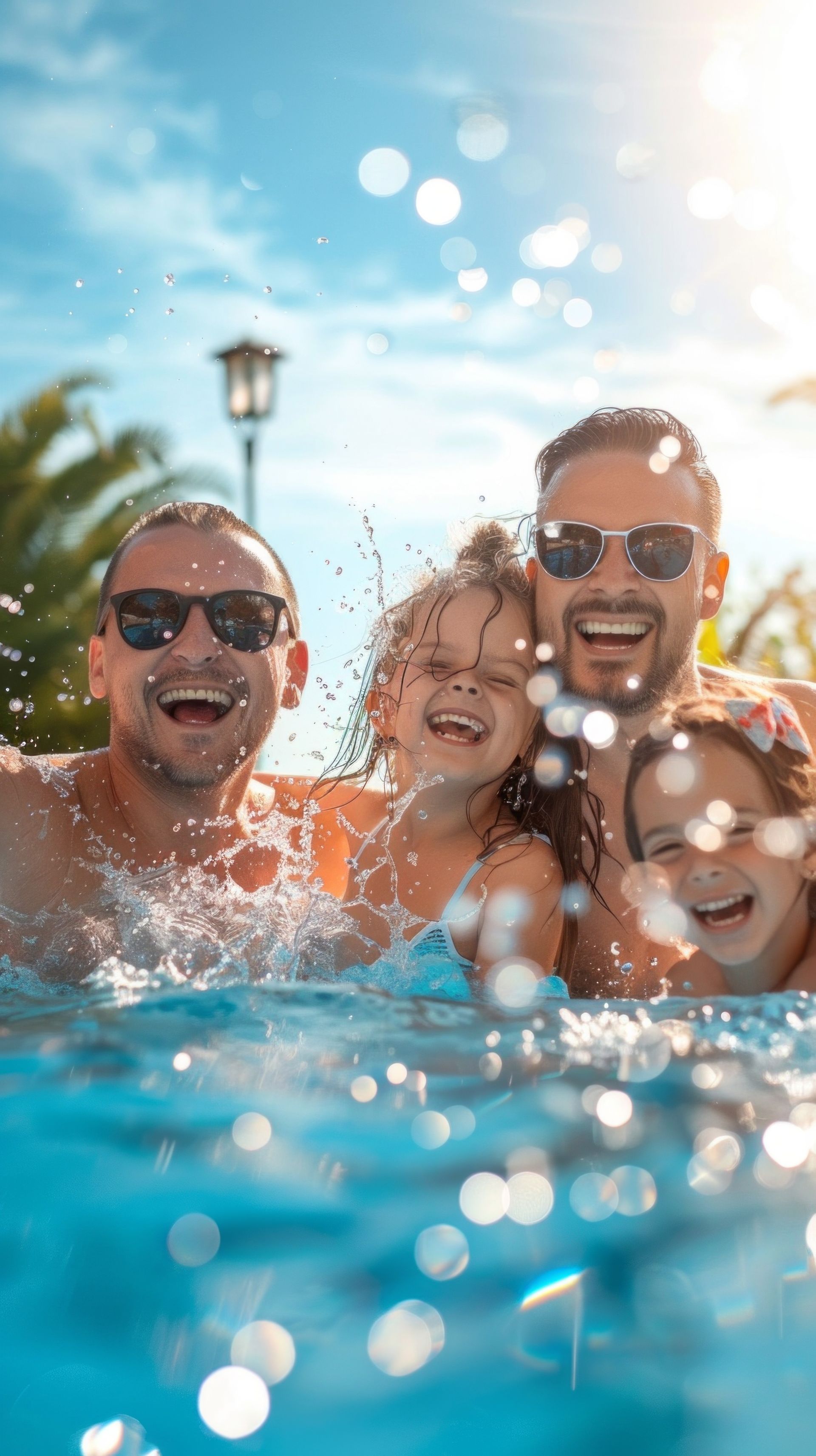 Two men and two children laugh in a pool, water splashing. Sunny day, blue water, sunglasses.