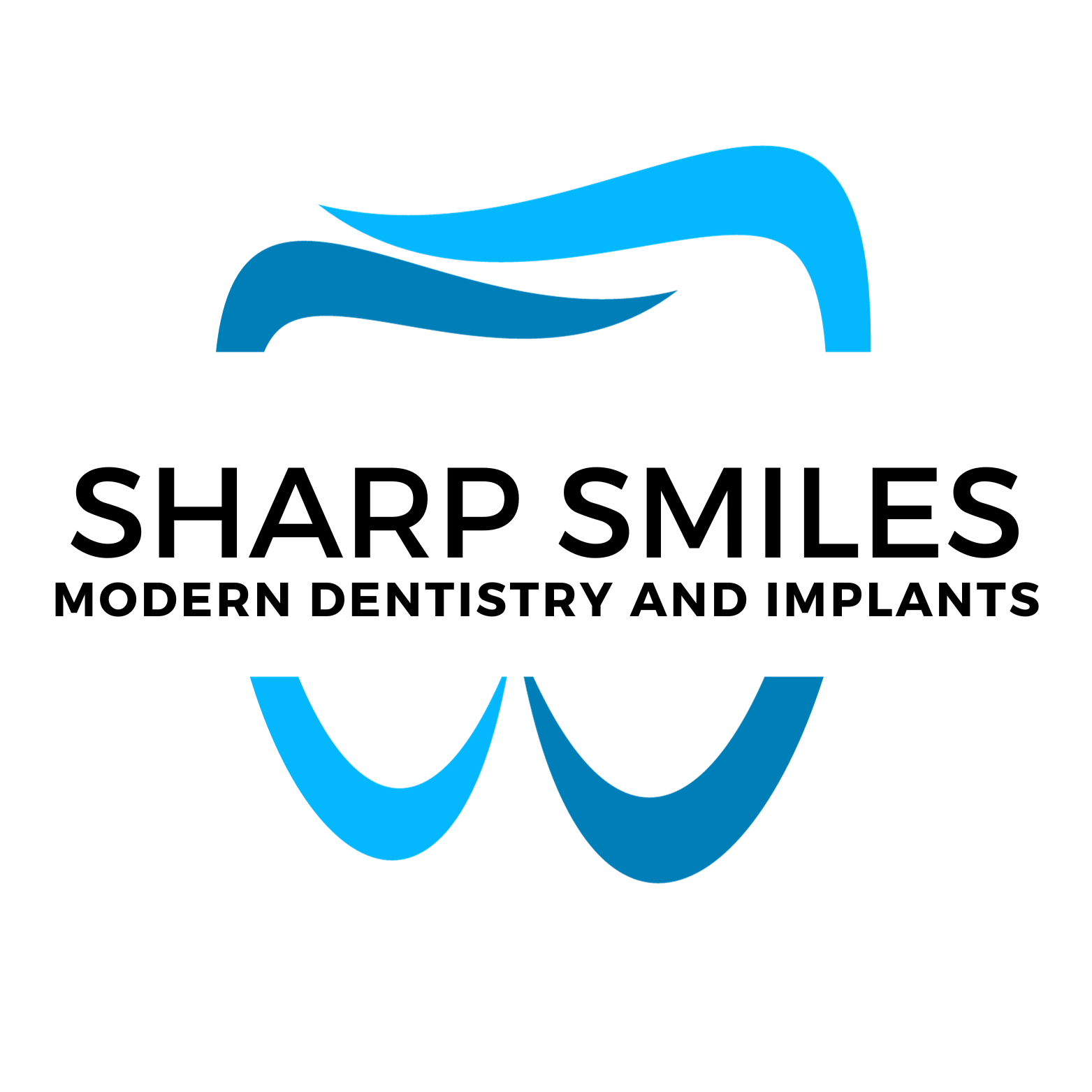 Logo for Sharp Smiles, dental practice: blue tooth graphic with text.