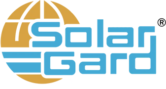 The solar gard logo is blue and yellow with a globe in the middle.