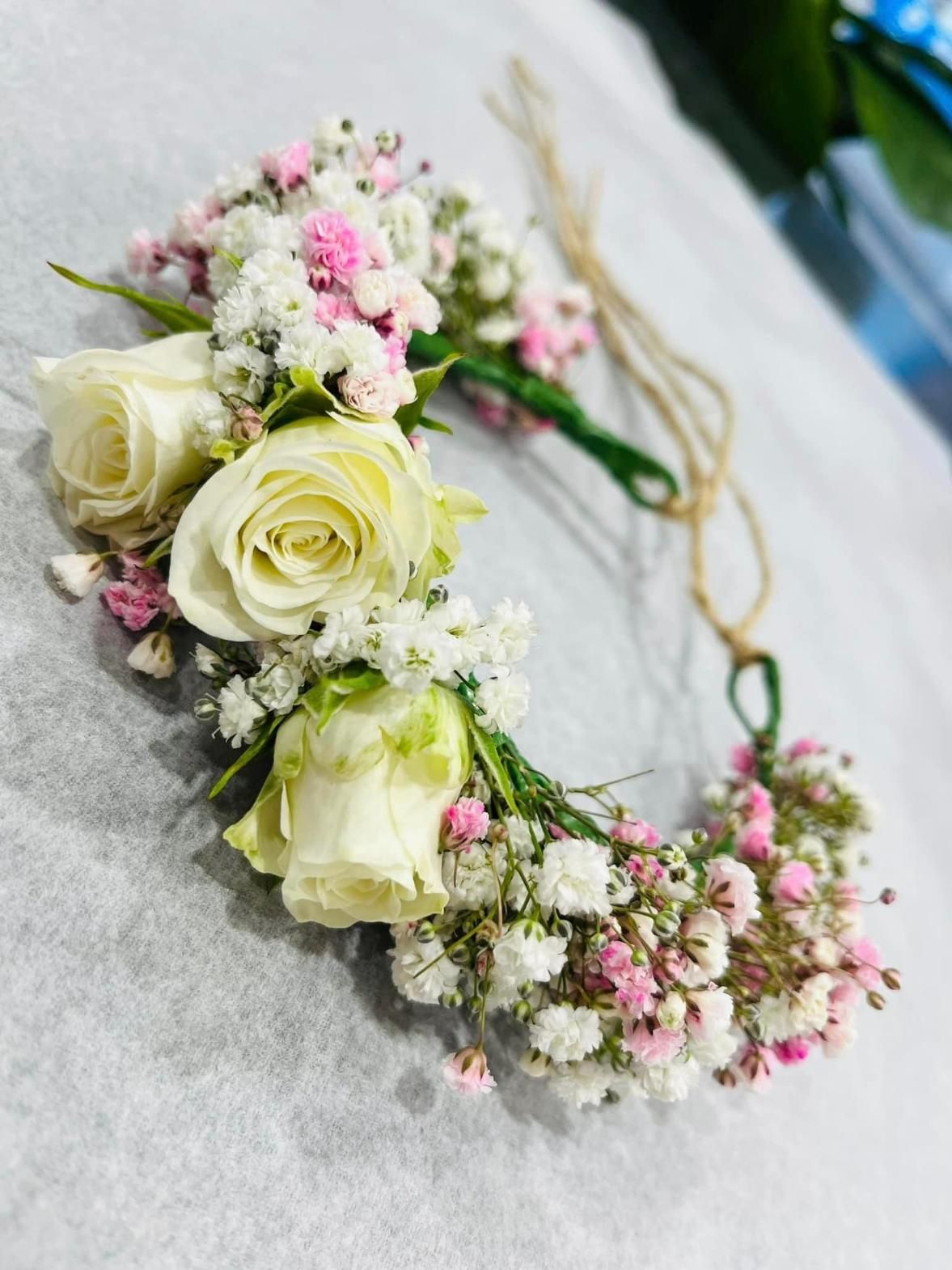 A Flower Crown Made of White Roses and Pink Baby's Breath — Flower Hunt in Robina, QLD