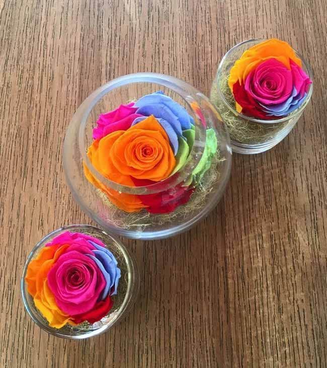 Three Bowls Filled With Colorful Roses on a Wooden Table — Flower Hunt in Robina, QLD