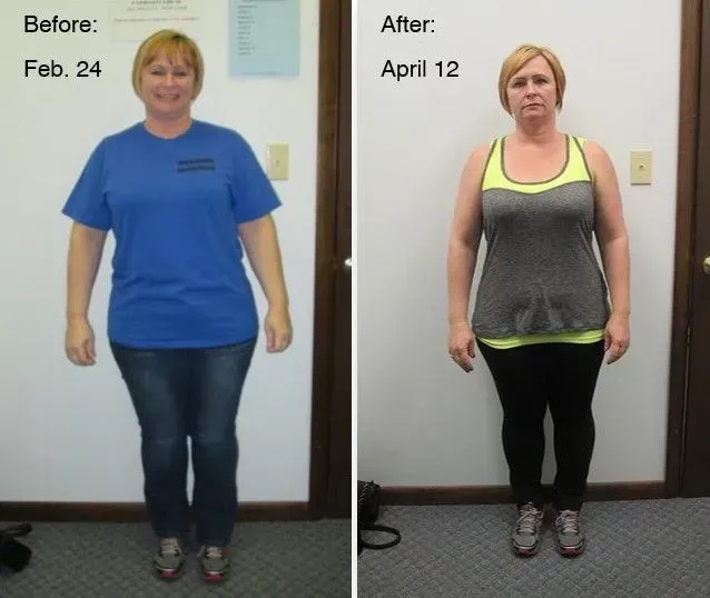 Side-by-side comparison shows weight loss. Woman in blue shirt and jeans before; grey and black activewear after.