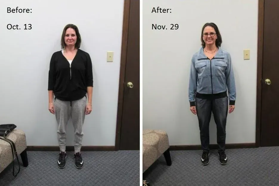 Comparison: Woman standing before and after weight loss, on Oct. 13 and Nov. 29.