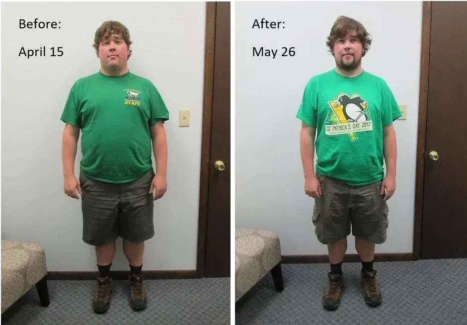 Weight loss comparison: Man in green shirt and shorts, April 15 versus May 26, shows a reduced waistline.