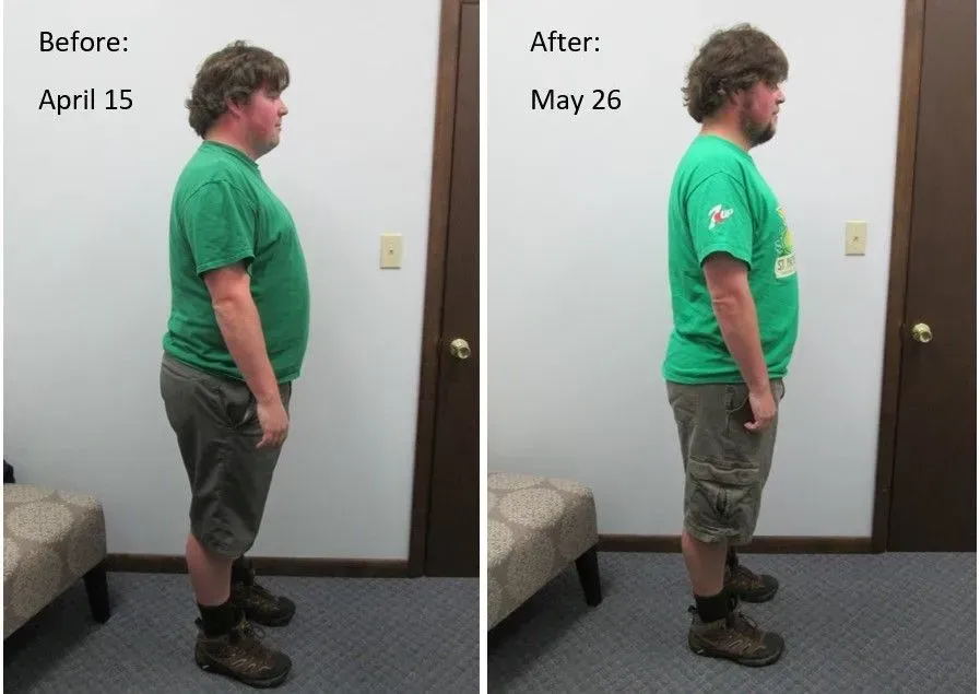 Side-by-side comparison of a person. Before: April 15, wearing green shirt and shorts. After: May 26, slightly slimmer.