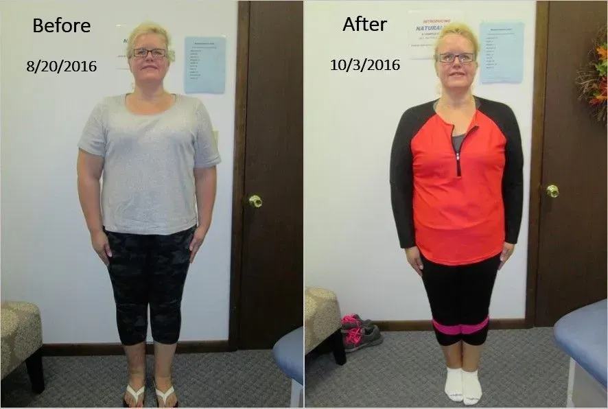 Weight loss transformation photo: Woman in front of wall; before on 8/20/2016, after on 10/3/2016.