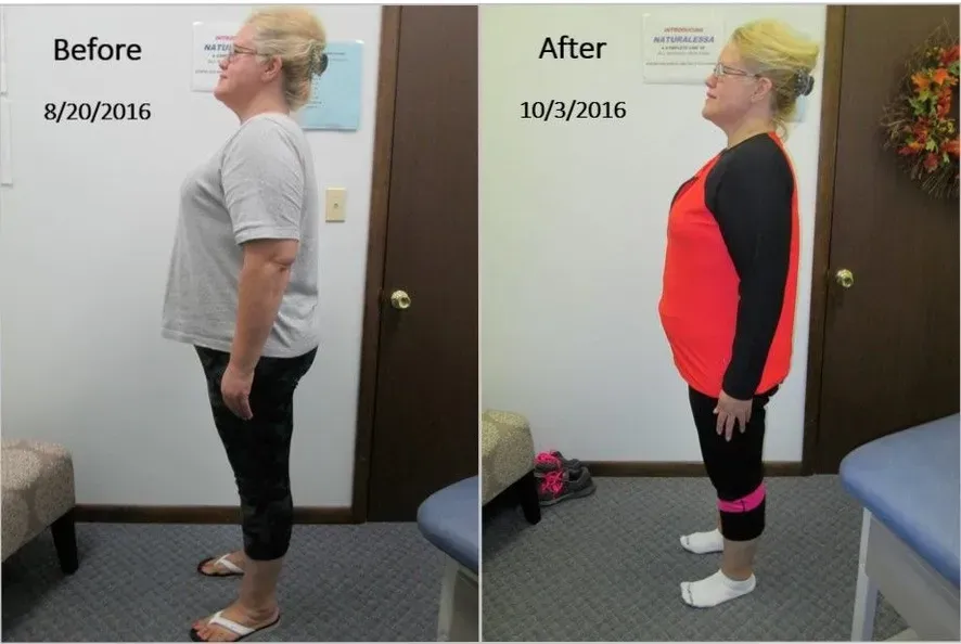 Side-by-side comparison: Woman, before (Aug 2016) wearing gray, after (Oct 2016) wearing red, possibly weight loss.