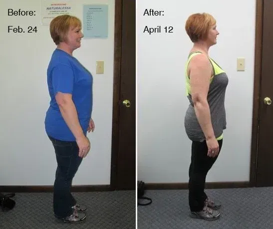 Weight loss progress: woman in profile, before and after. Wearing different colored tops, standing in front of a wall.