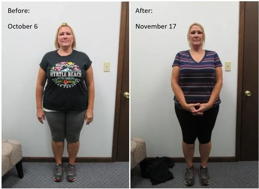 Weight loss comparison: Woman in black before (October 6) and after (November 17), wearing workout attire, standing in room.