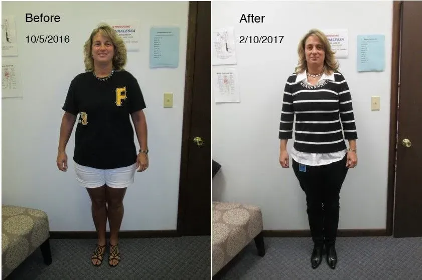 Weight loss before and after photos. Woman in black shirt and shorts, then in striped shirt and black pants.