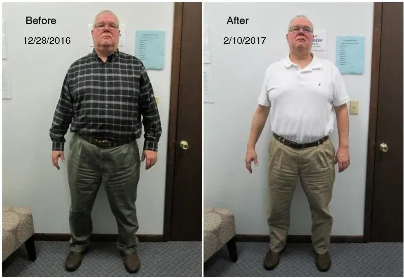 Weight loss transformation: Man in plaid shirt on 12/28/2016 to white polo shirt on 2/10/2017.