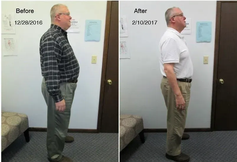 Side-by-side photos of a man before and after. He is standing straighter and has lost weight.