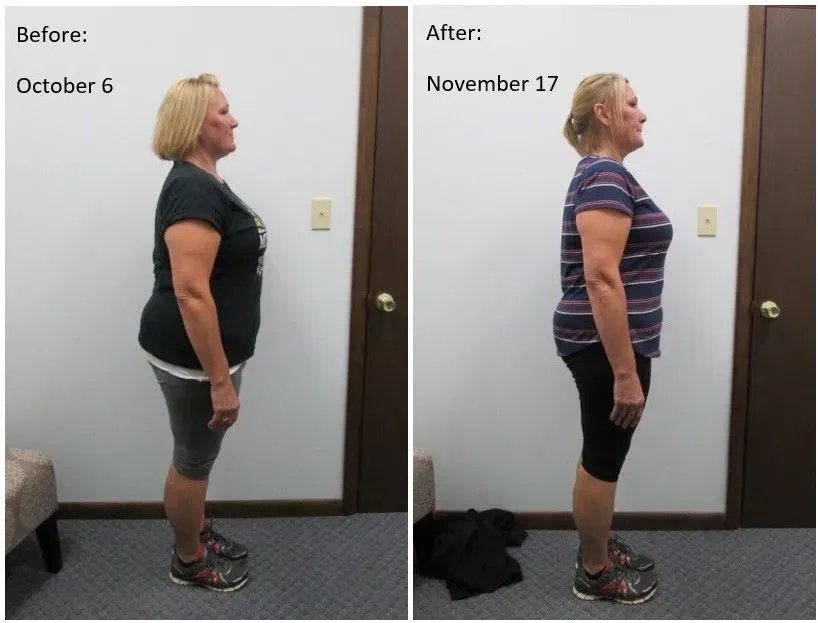 Side-by-side photos show a person's weight loss. The