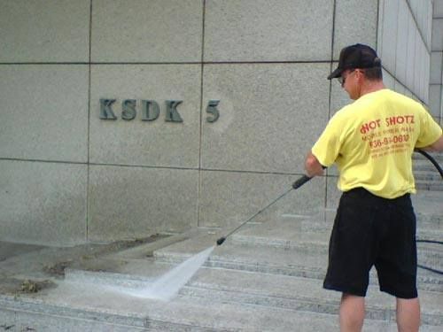 Hot Shotz Mobile Power Washing Exclusive Contract to Clean KSDK Channel 5 News Station in downtown STL