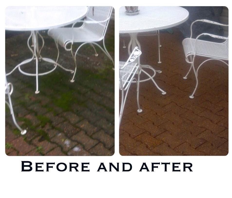 Before and After patio pressure washing in St. Louis Suberb, University City, MO by Hot Shotz Mobile Power Wash