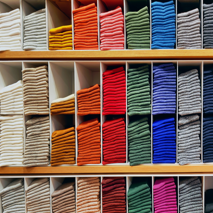 There are many different colored socks on the shelves.