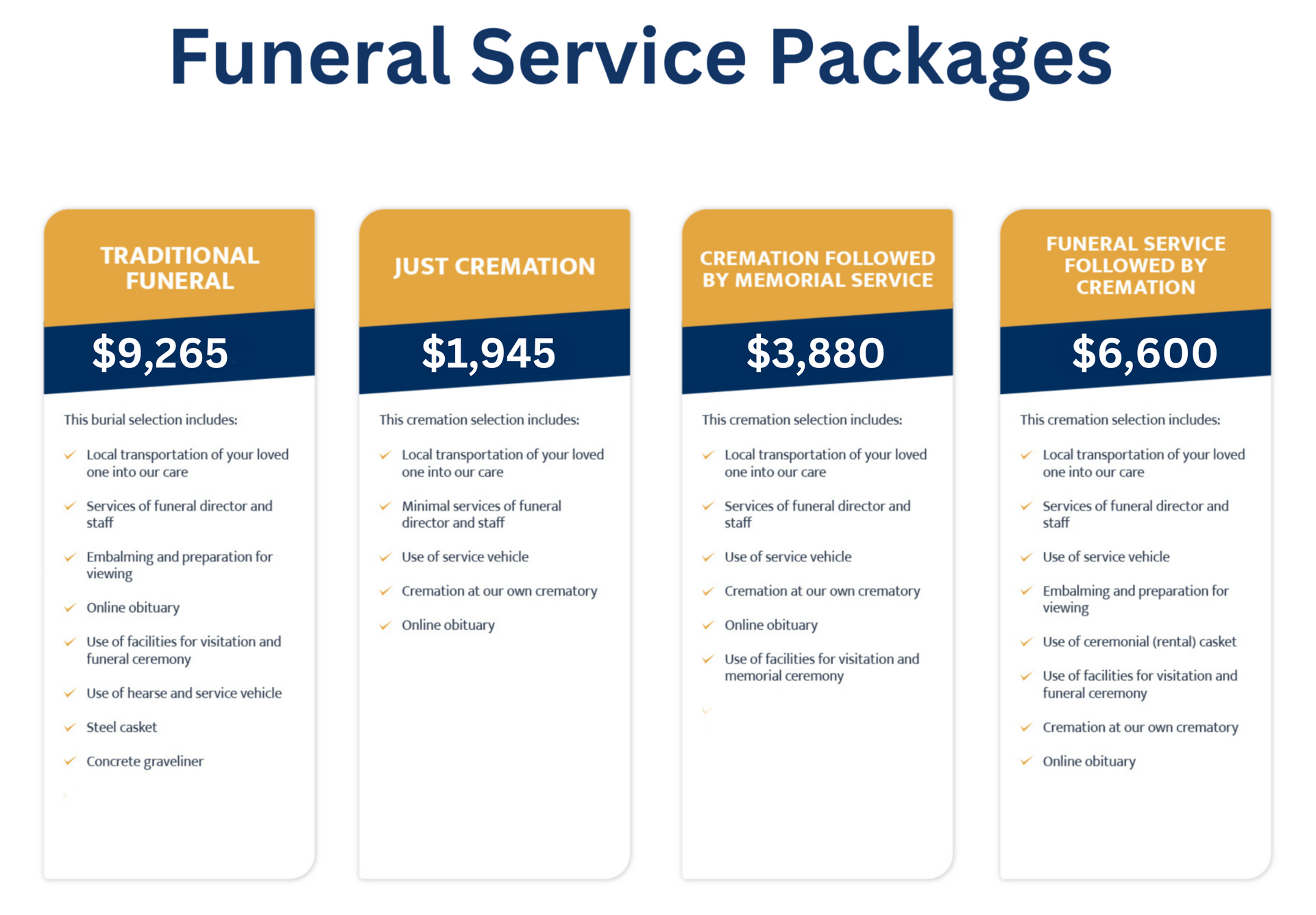 Four funeral service packages are shown on a white background