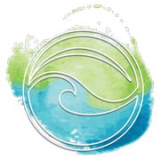 A watercolor painting of a wave in a circle on a white background.