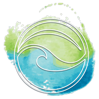A watercolor painting of a wave in a circle on a white background.
