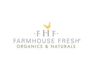 The logo for farmhouse fresh organics and naturals has a chicken on it.