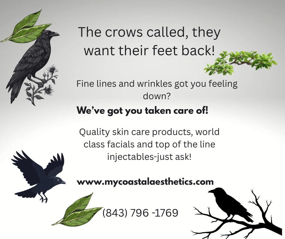 Advertisement for Coastal Aesthetics with a crow theme, offering skin care, facials, and injectables. Includes contact info.