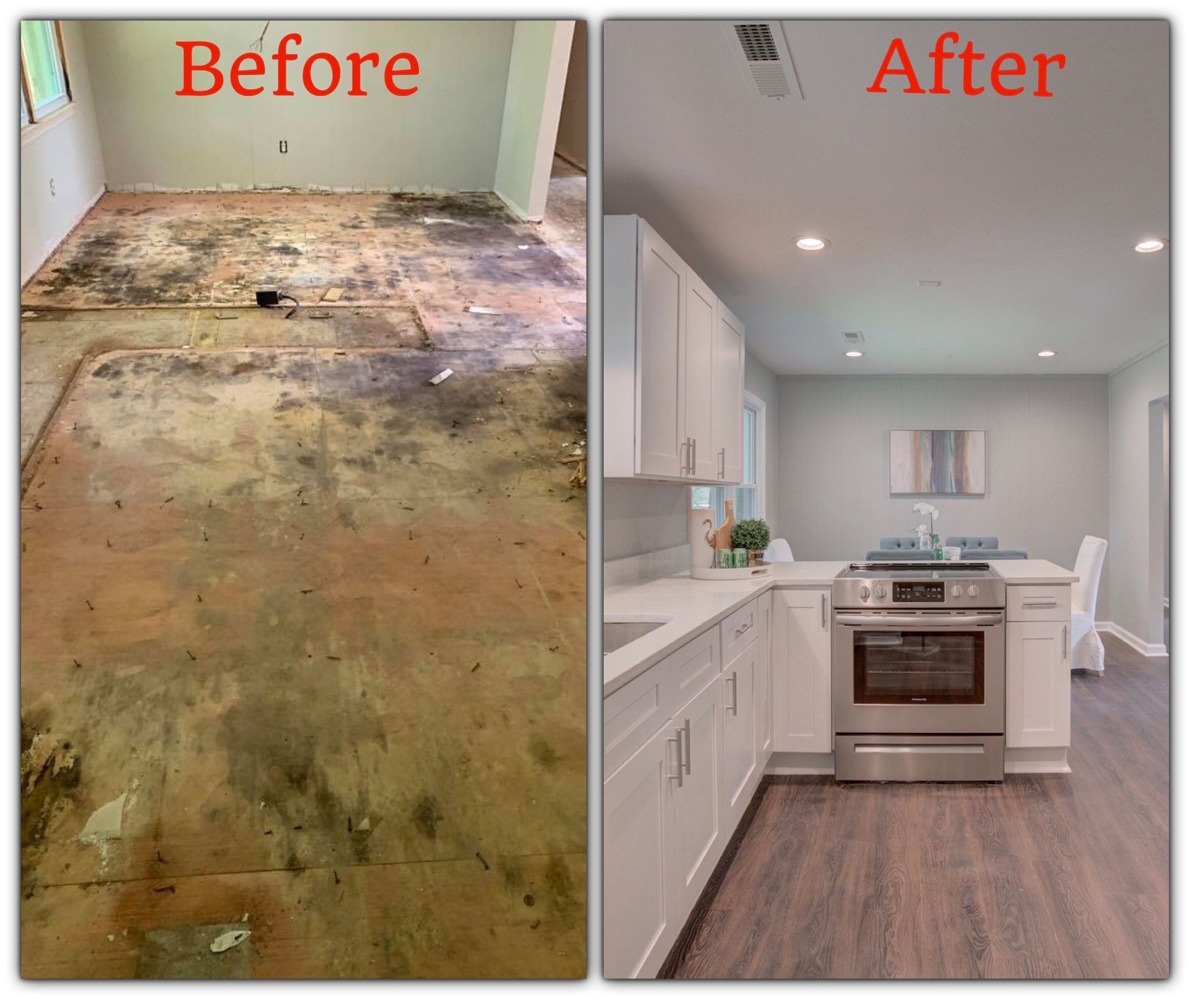 A before and after photo of a kitchen