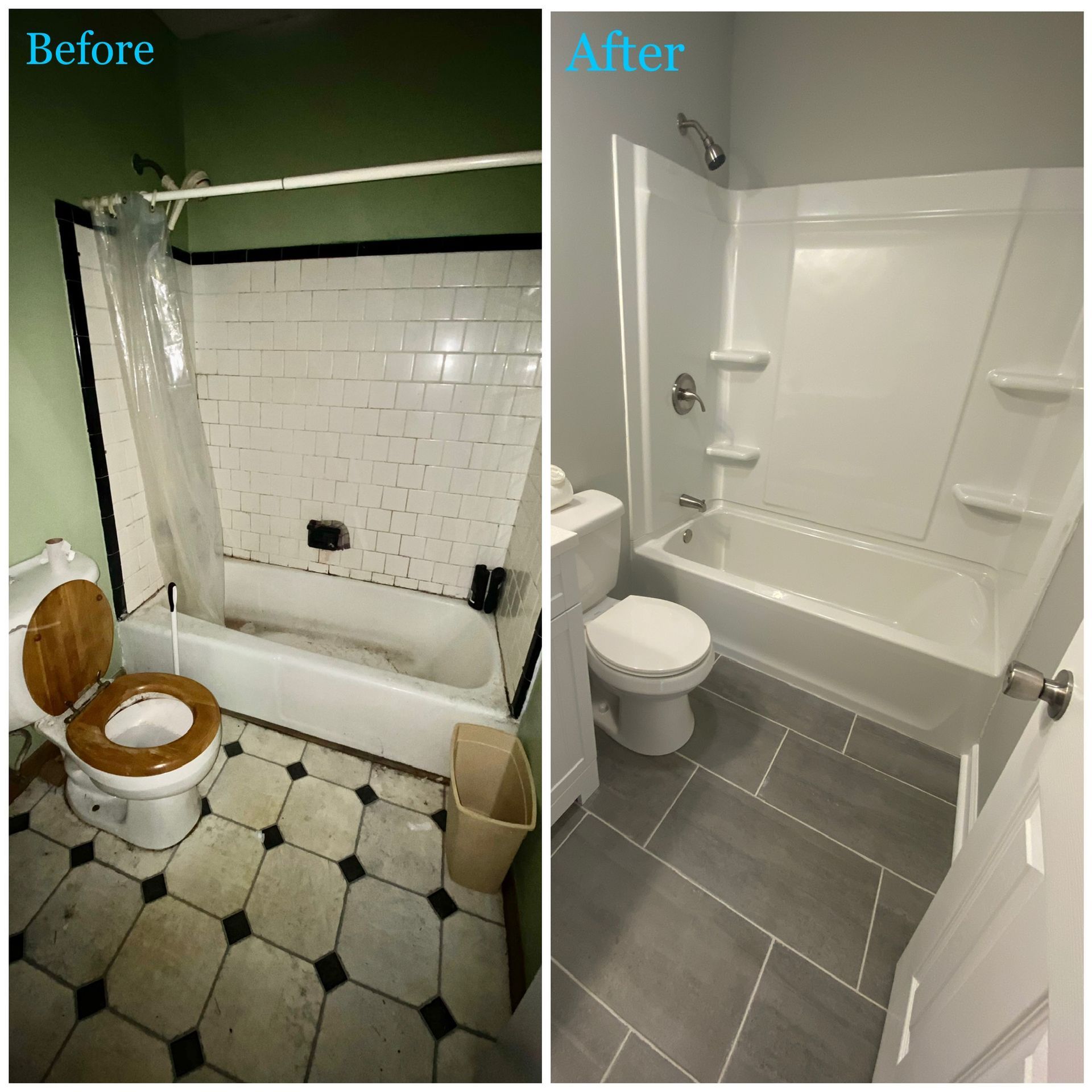 A before and after photo of a bathroom