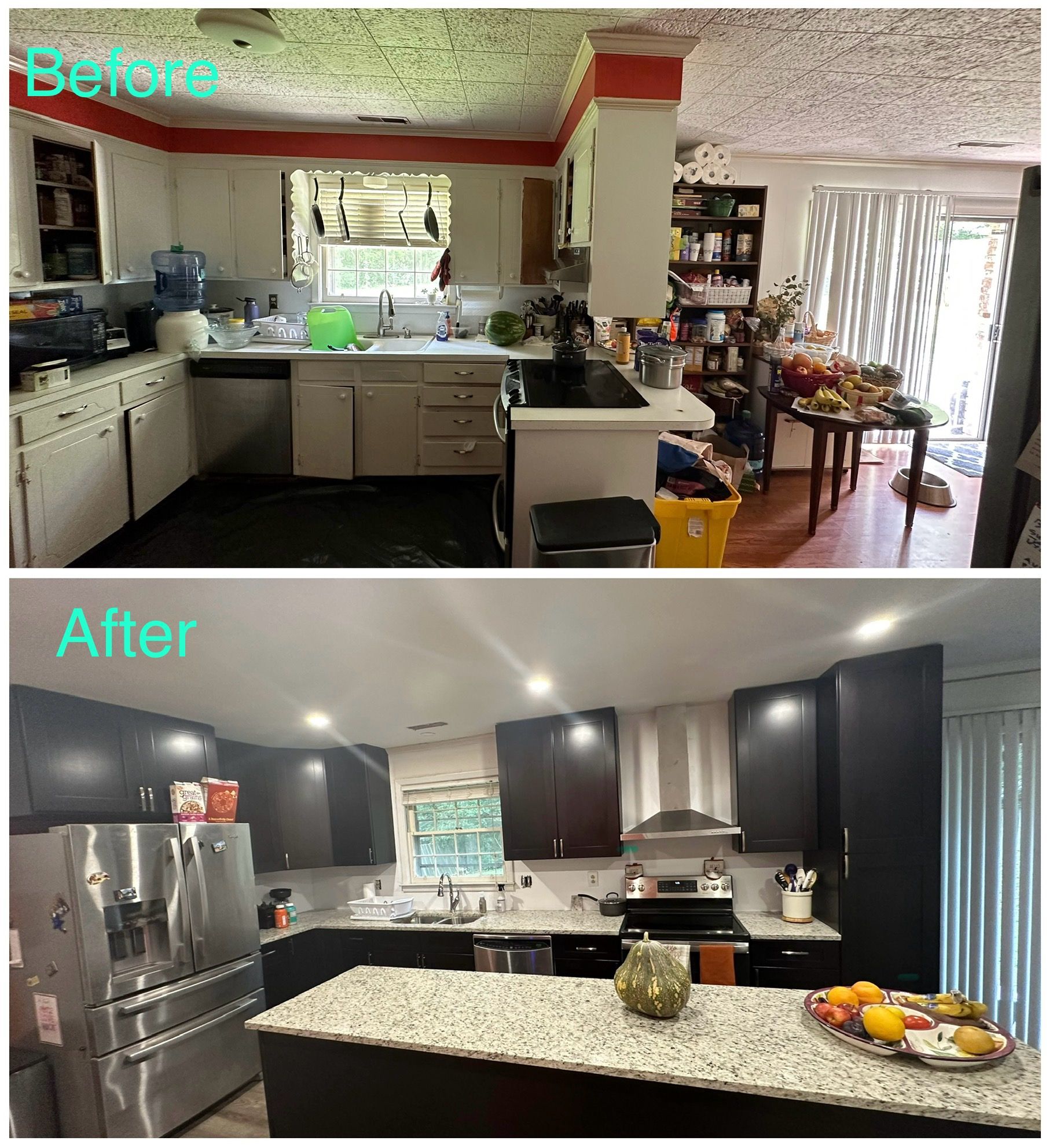 A before and after photo of a kitchen with black cabinets and granite counter tops.