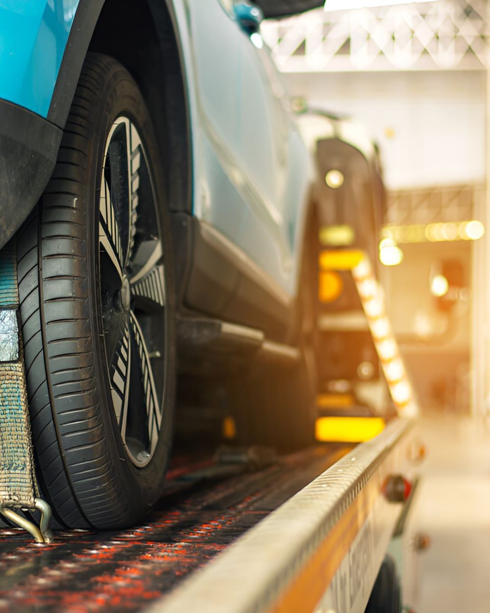A Blue Car Is Being Towed By A Tow Truck — Warrmech Mechanical In Tweed Heads South, NSW