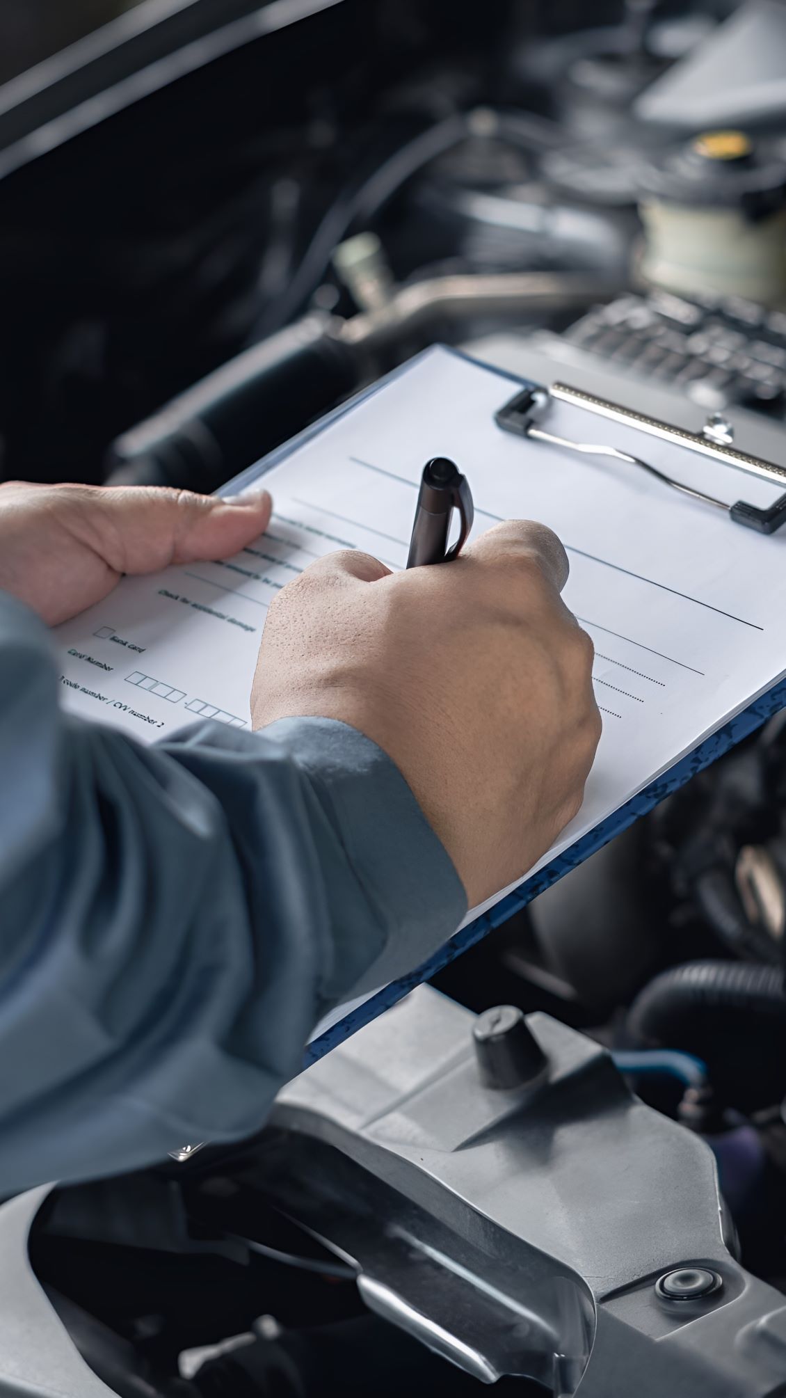 A Person Is Writing On A Clipboard In Front Of A Car Engine — Warrmech Mechanical In Tweed Heads South, NSW