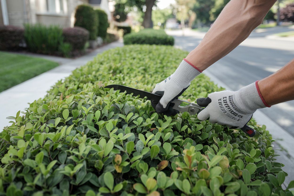 A person is cutting a hedge with a pair of scissors.