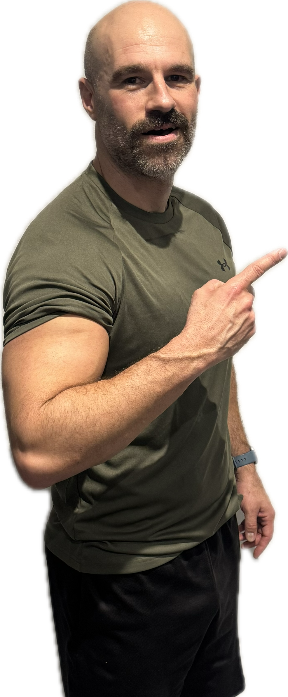 Man with bald head and beard, wearing a green shirt, pointing to the right.