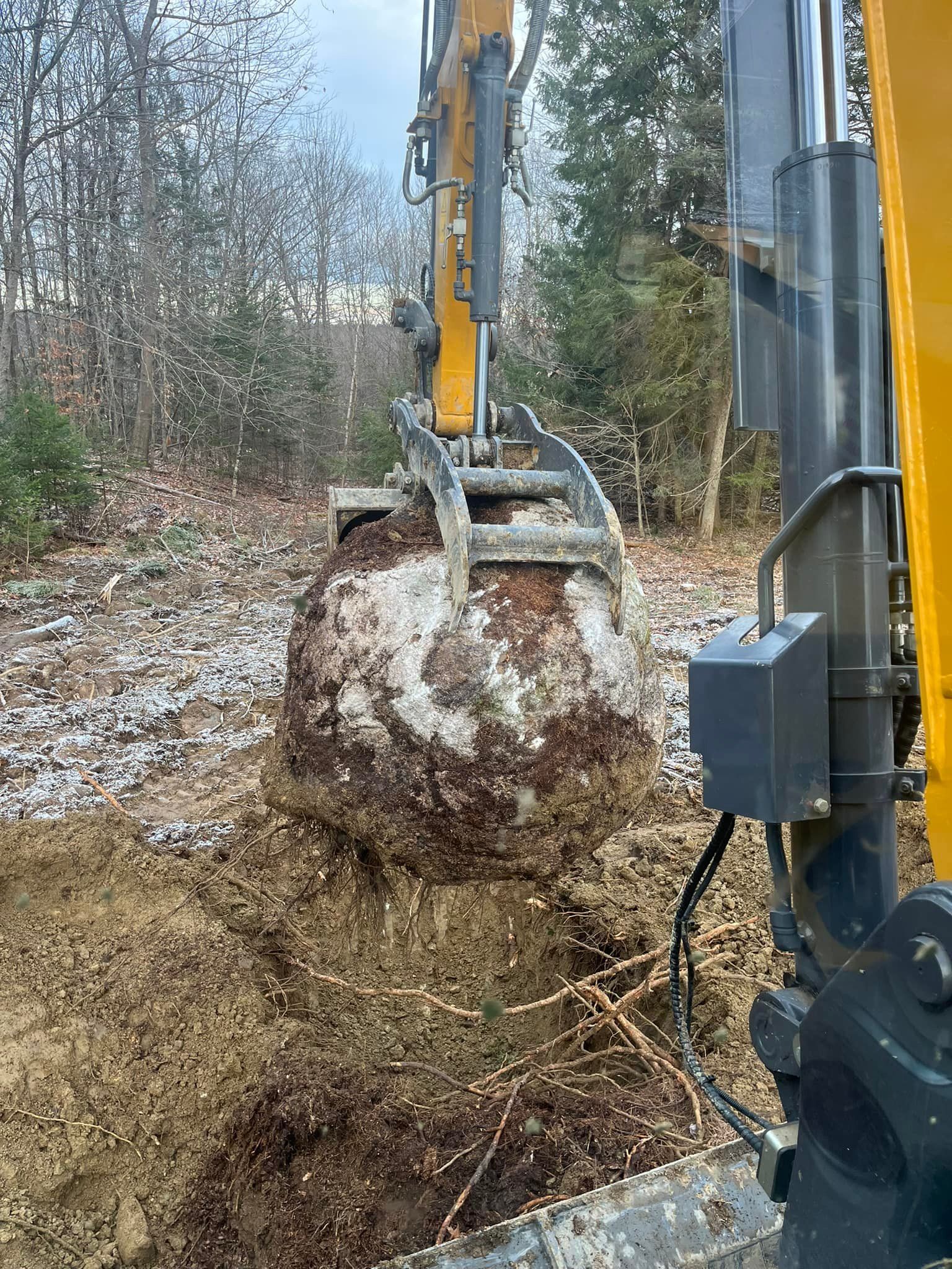 Excavator bucket holding a large, muddy clump of earth. Machine in a wooded area.