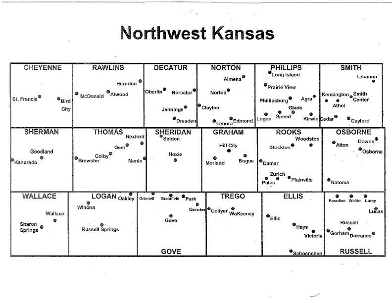 Map of Northwest Kansas, showing counties and cities.