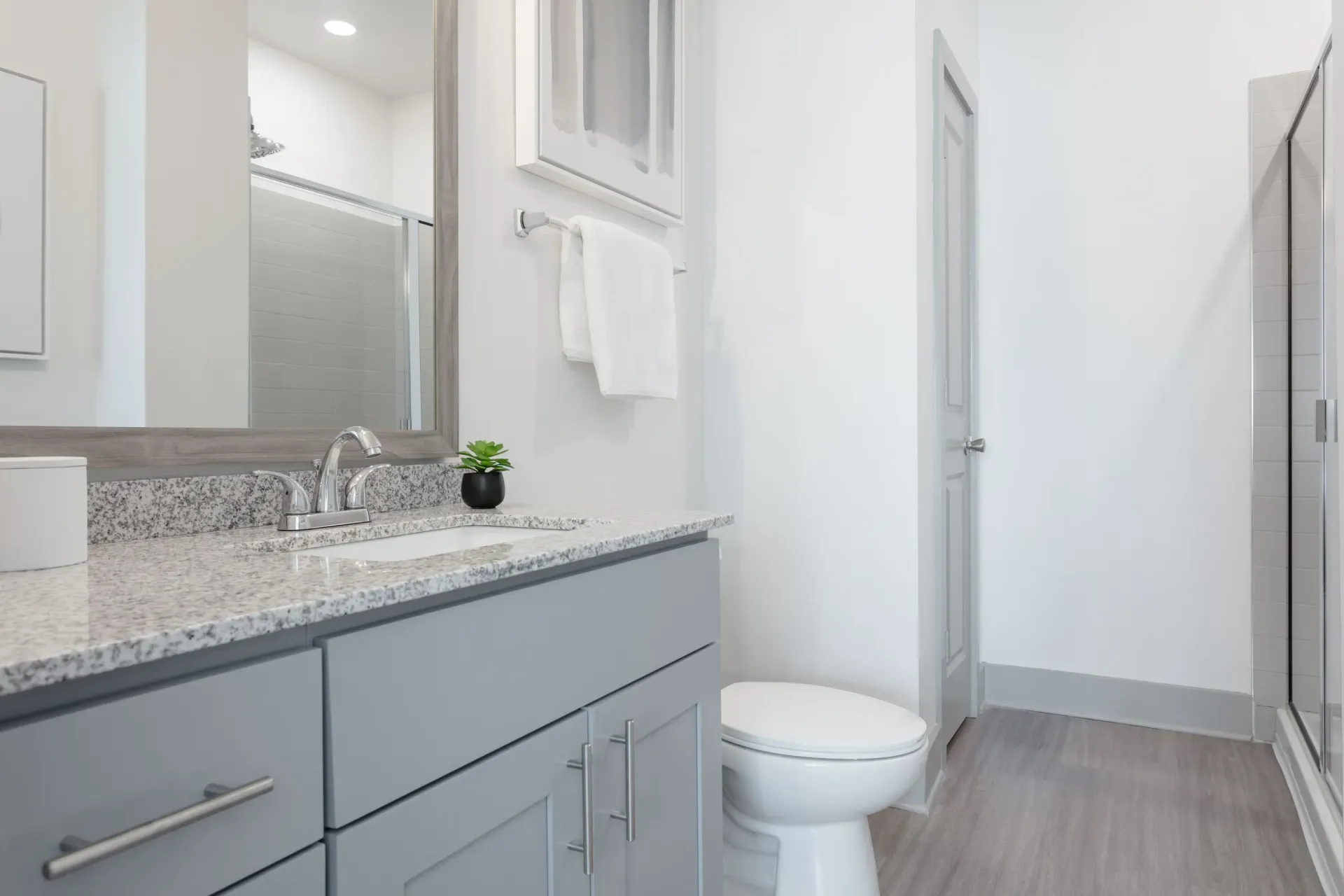 Bathroom with granite countertop, under-mount sink, towel bar, mirror, and glass shower.