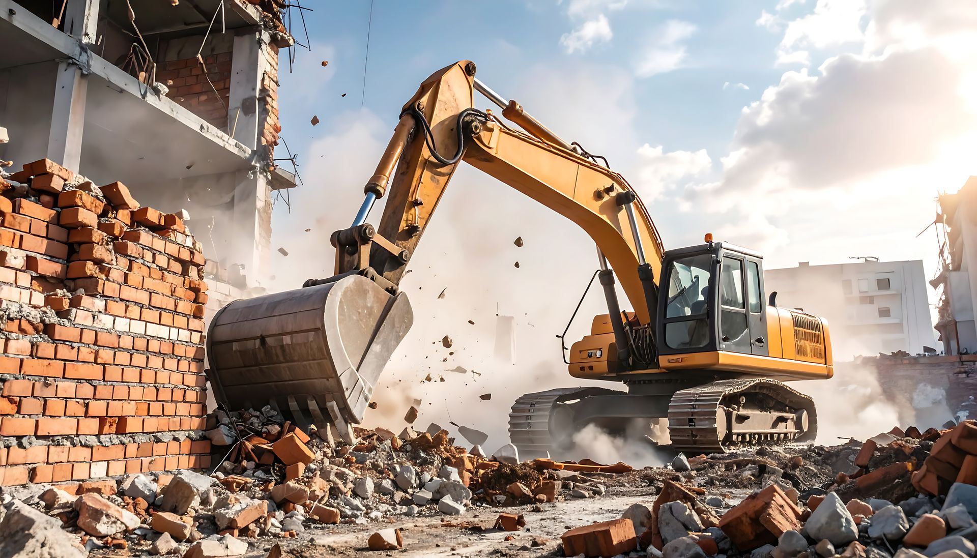 A bulldozer is actively tearing down a building, illustrating the process of a demolition company.