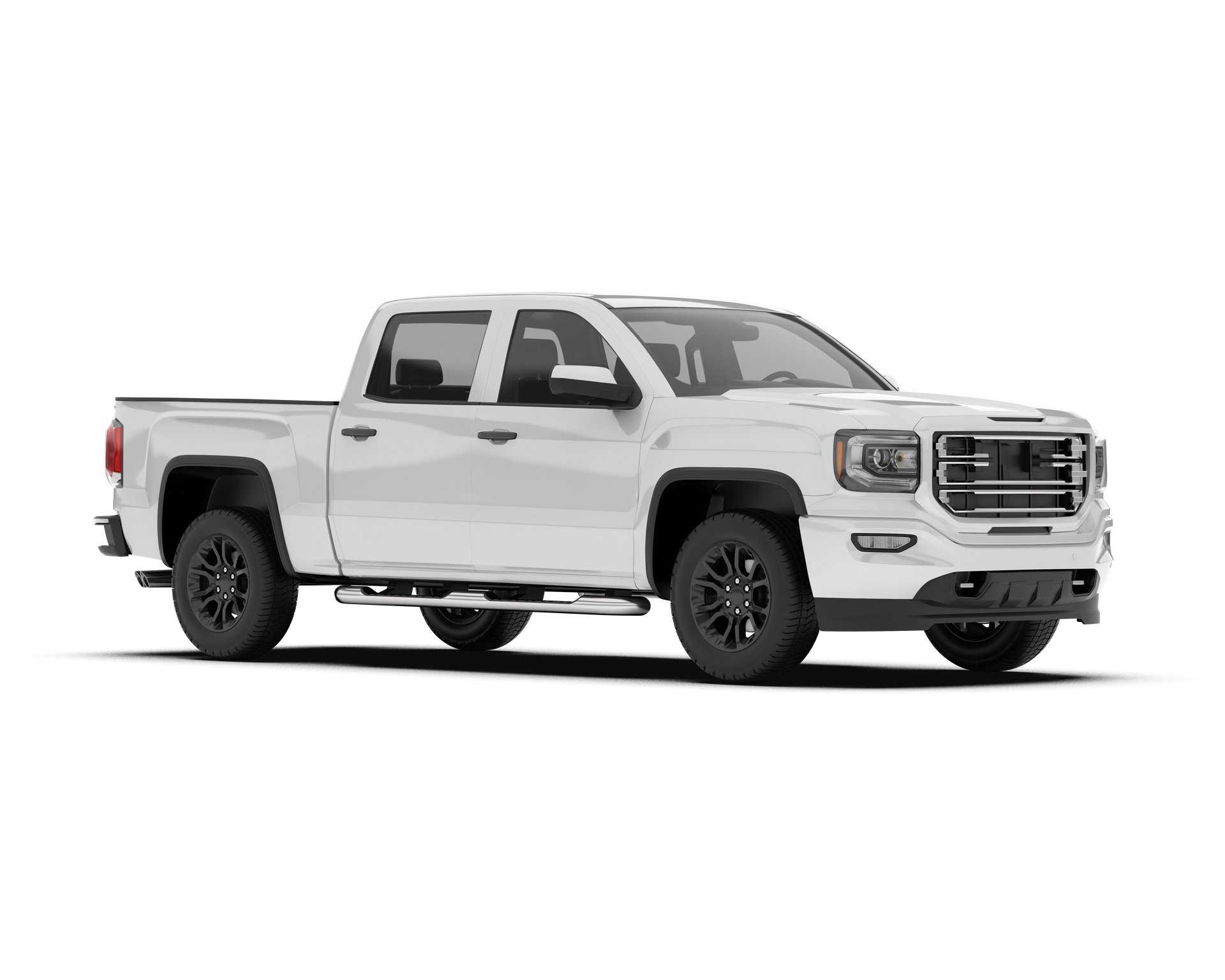 White pickup truck with black wheels, on a white background.