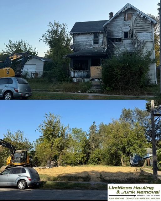 Before-and-after: Dilapidated house transformed into a vacant lot after demolition; construction equipment visible.