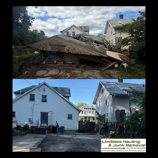 Before and after photos of a home. The top shows a damaged roof. The bottom shows a repaired home.